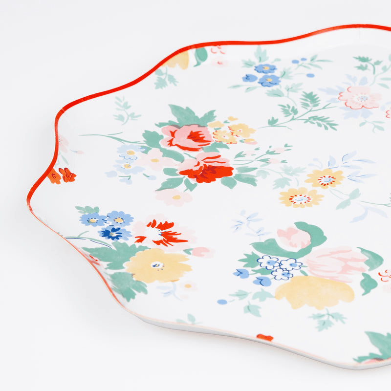 multicolor floral scalloped paper plate with red trim spring picnic from Parte Haus party supply store in Bethesda Maryland