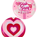 Pink heart themed plates with retro designs for Valentine’s Day from Parte Haus party supply store in Bethesda Maryland