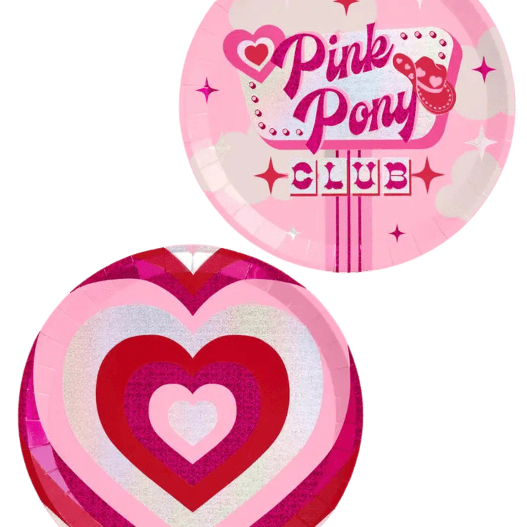 Pink heart themed plates with retro designs for Valentine’s Day from Parte Haus party supply store in Bethesda Maryland