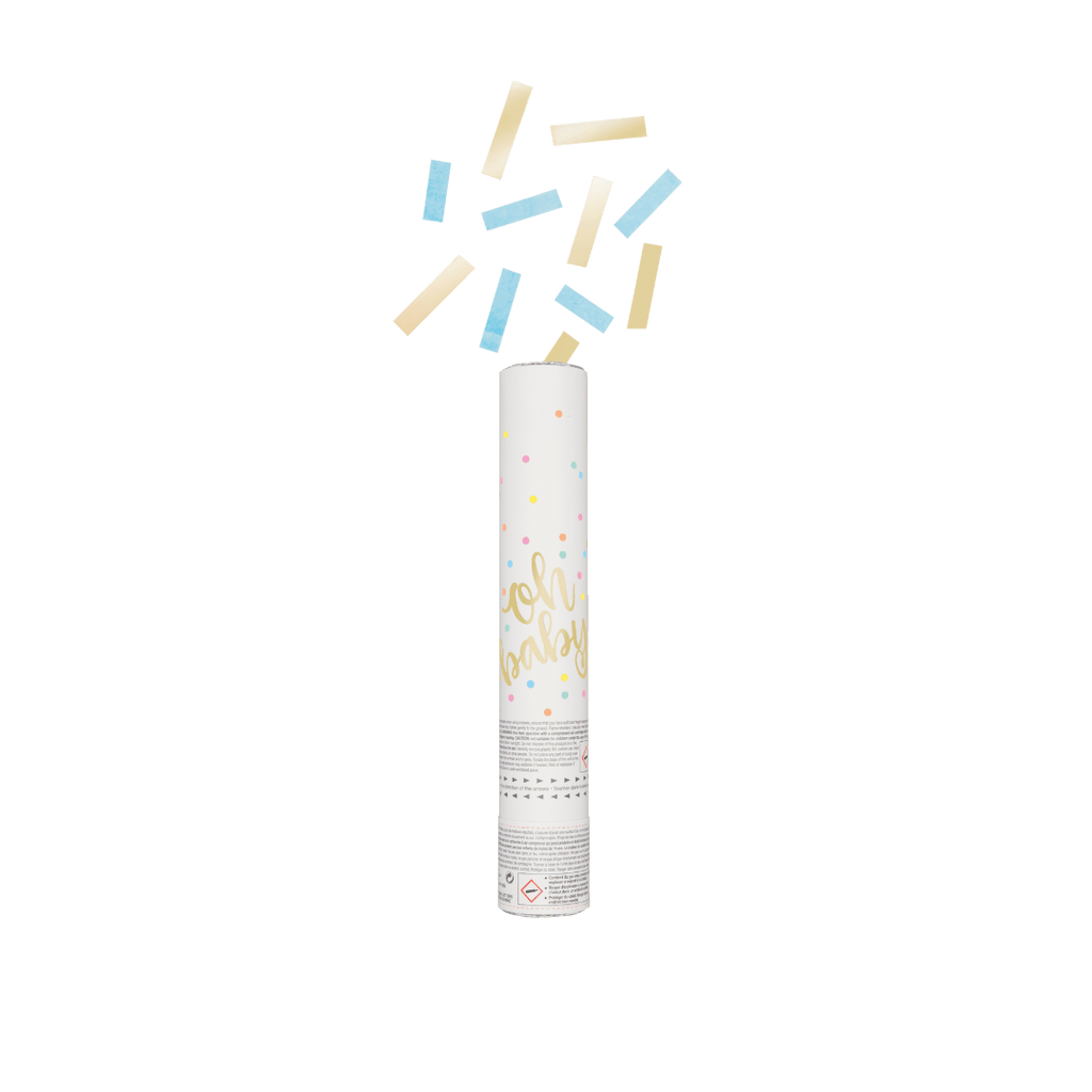 Blue and yellow confetti cannon with oh baby text for baby shower theme from Parte Haus party supply store in Bethesda MD