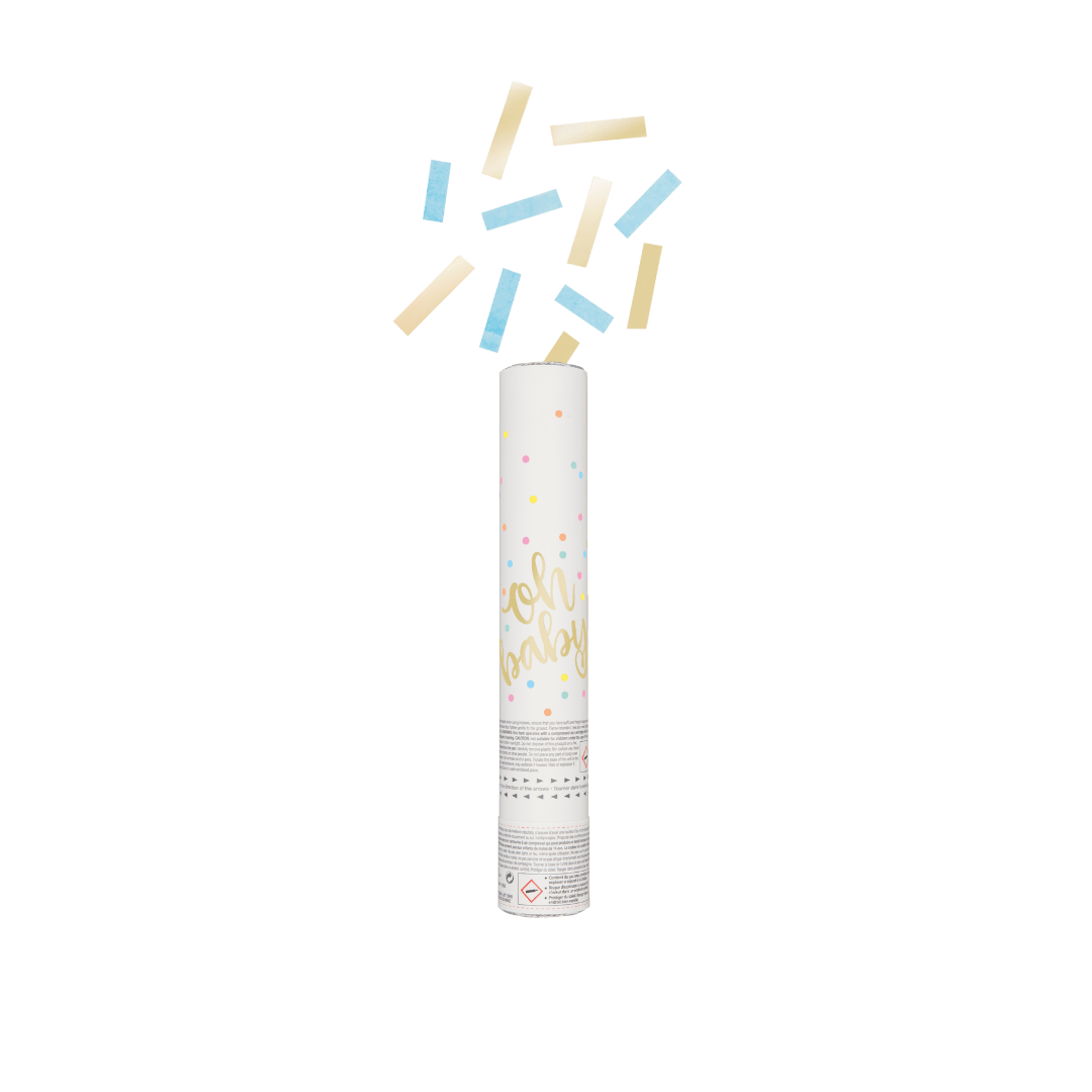 Blue and yellow confetti cannon with oh baby text for baby shower theme from Parte Haus party supply store in Bethesda MD