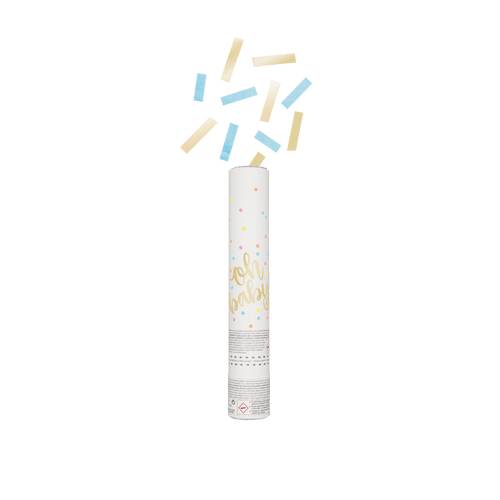 Blue and yellow confetti cannon with oh baby text for baby shower theme from Parte Haus party supply store in Bethesda MD