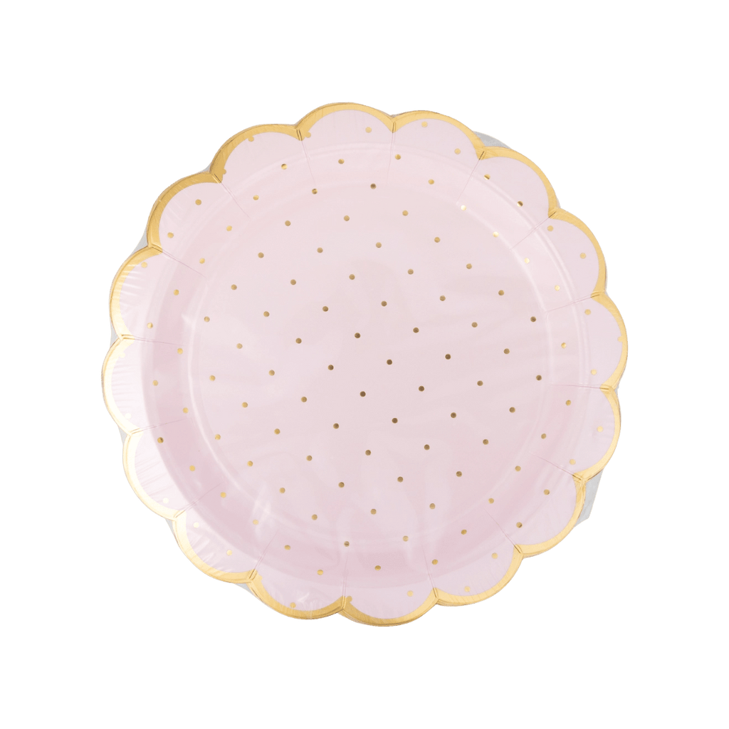 Pink scalloped plate with gold dots for birthday from Parte Haus party supply store in Bethesda Maryland