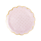 Pink scalloped plate with gold dots for birthday from Parte Haus party supply store in Bethesda Maryland