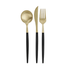 Gold and black cutlery set modern utensils for dinner parties from Parte Haus party supply store in Bethesda MD.
