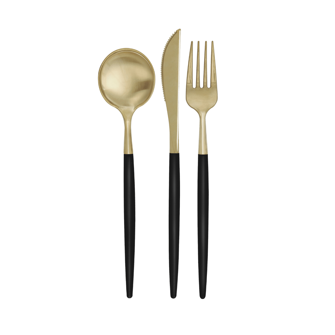 Gold and black cutlery set modern utensils for dinner parties from Parte Haus party supply store in Bethesda MD.