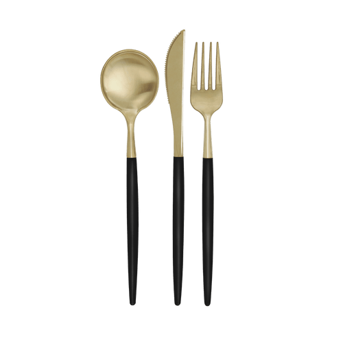 Gold and black cutlery set modern utensils for dinner parties from Parte Haus party supply store in Bethesda MD.