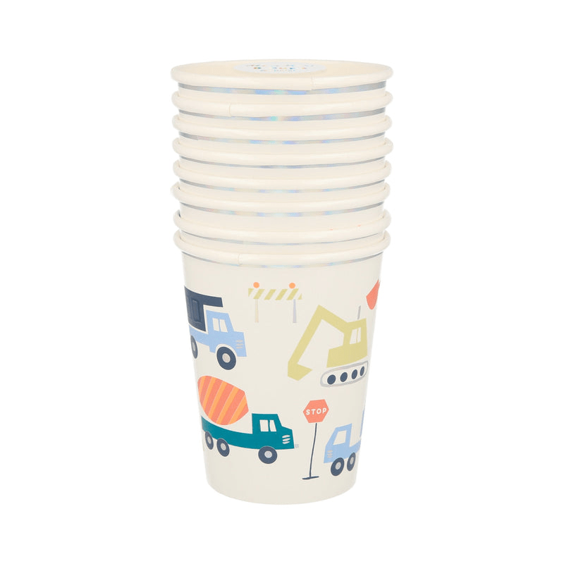 Colorful construction truck paper cups with vehicle illustrations birthday theme from Parte Haus party supply store in Bethesda MD.