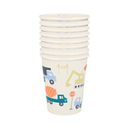 Colorful construction truck paper cups with vehicle illustrations birthday theme from Parte Haus party supply store in Bethesda MD.