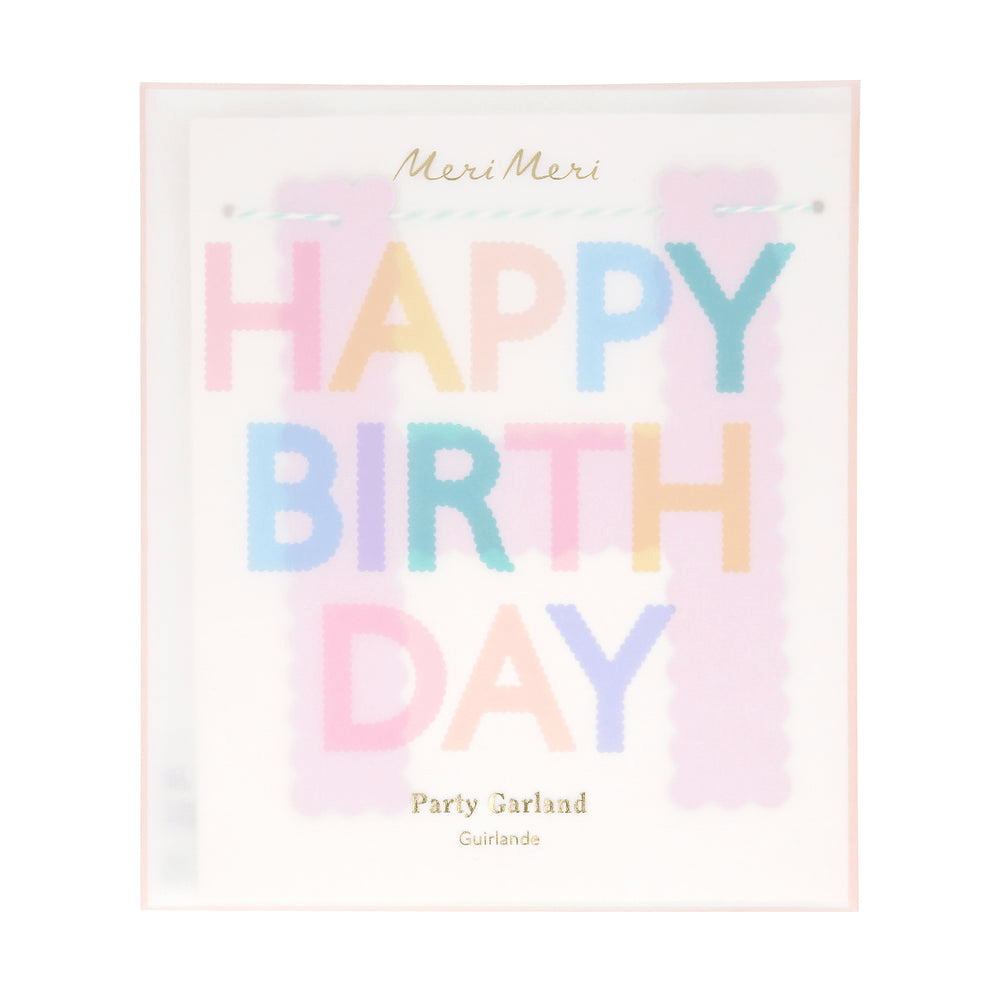 Pastel Happy Birthday garland with scalloped edges birthday theme from Parte Haus party supply store in Bethesda MD