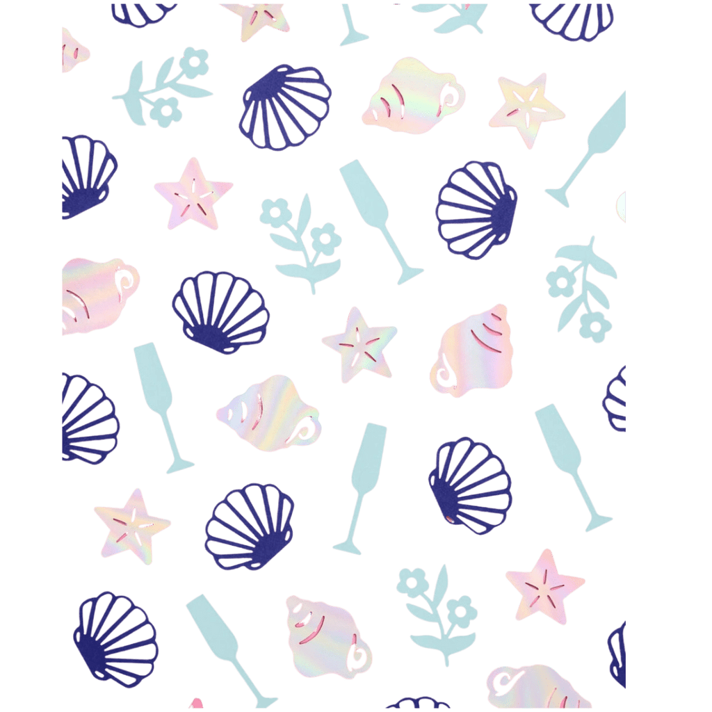 Holographic and pastel confetti with shells and sea stars beach party theme from Parte Haus party supply store in Bethesda Maryland