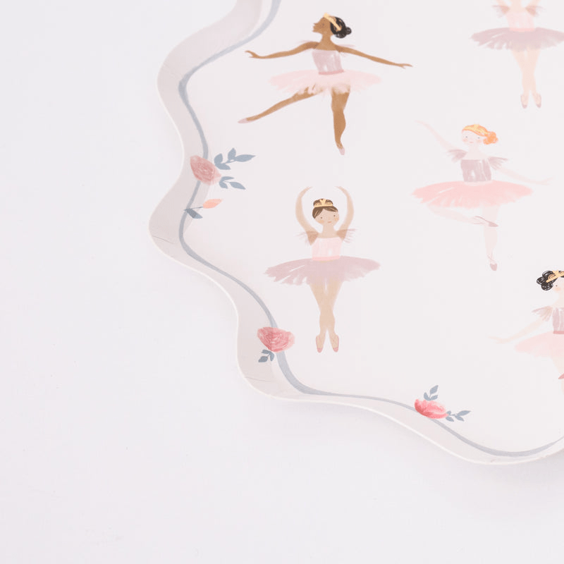 Pink ballerina paper plate with floral border ballet birthday theme from Parte Haus party supply store in Bethesda Maryland