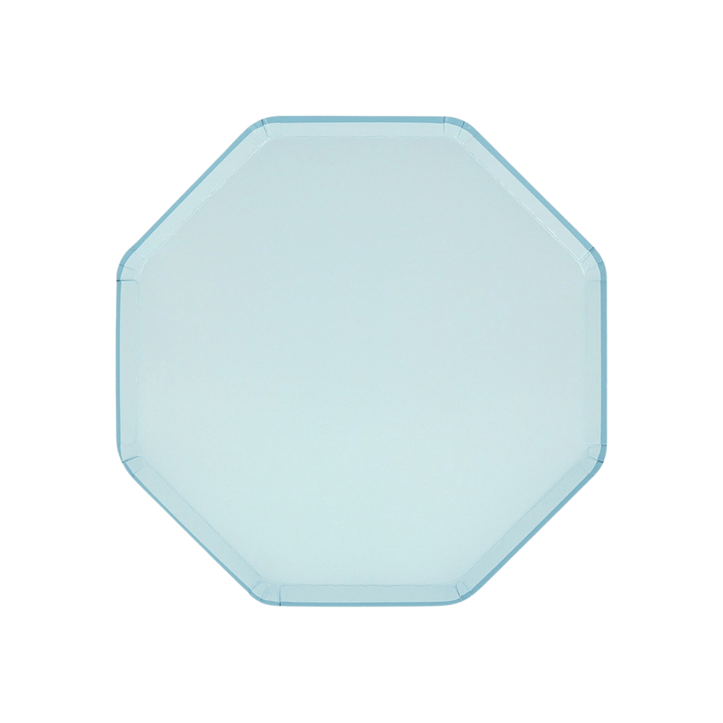 Light blue octagon plate with simple border birthday theme from Parte Haus party supply store in Bethesda Maryland