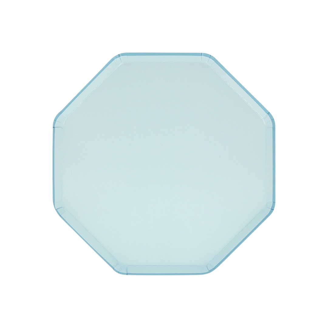 Light blue octagon plate with simple border birthday theme from Parte Haus party supply store in Bethesda Maryland