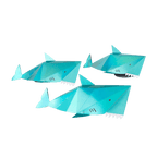 Blue shark shaped paper decorations ocean theme from Parte Haus party supply store in Bethesda Maryland