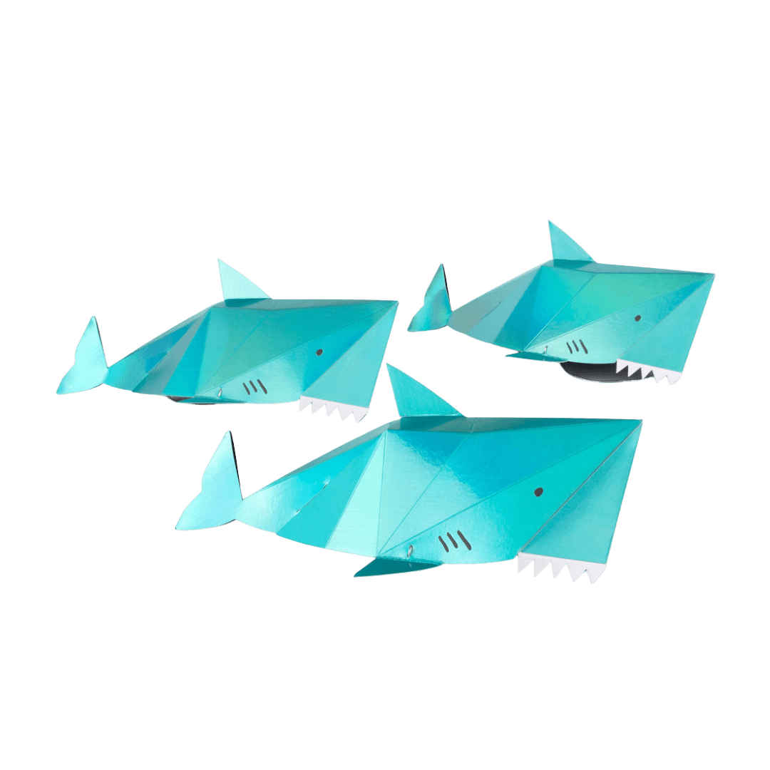 Blue shark shaped paper decorations ocean theme from Parte Haus party supply store in Bethesda Maryland