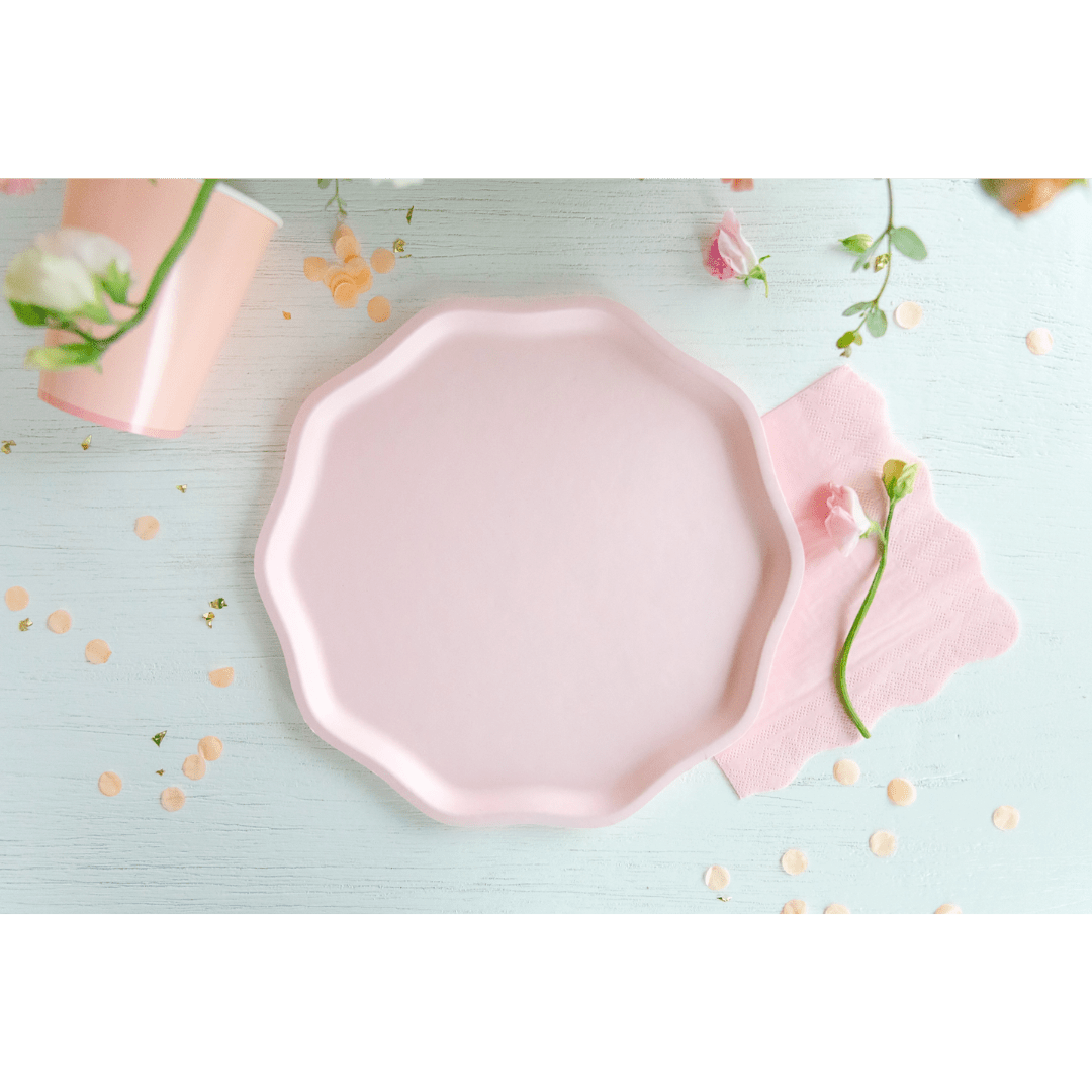 Light pink plate scalloped edges with floral decor for spring event from Parte Haus party supply store in Bethesda MD