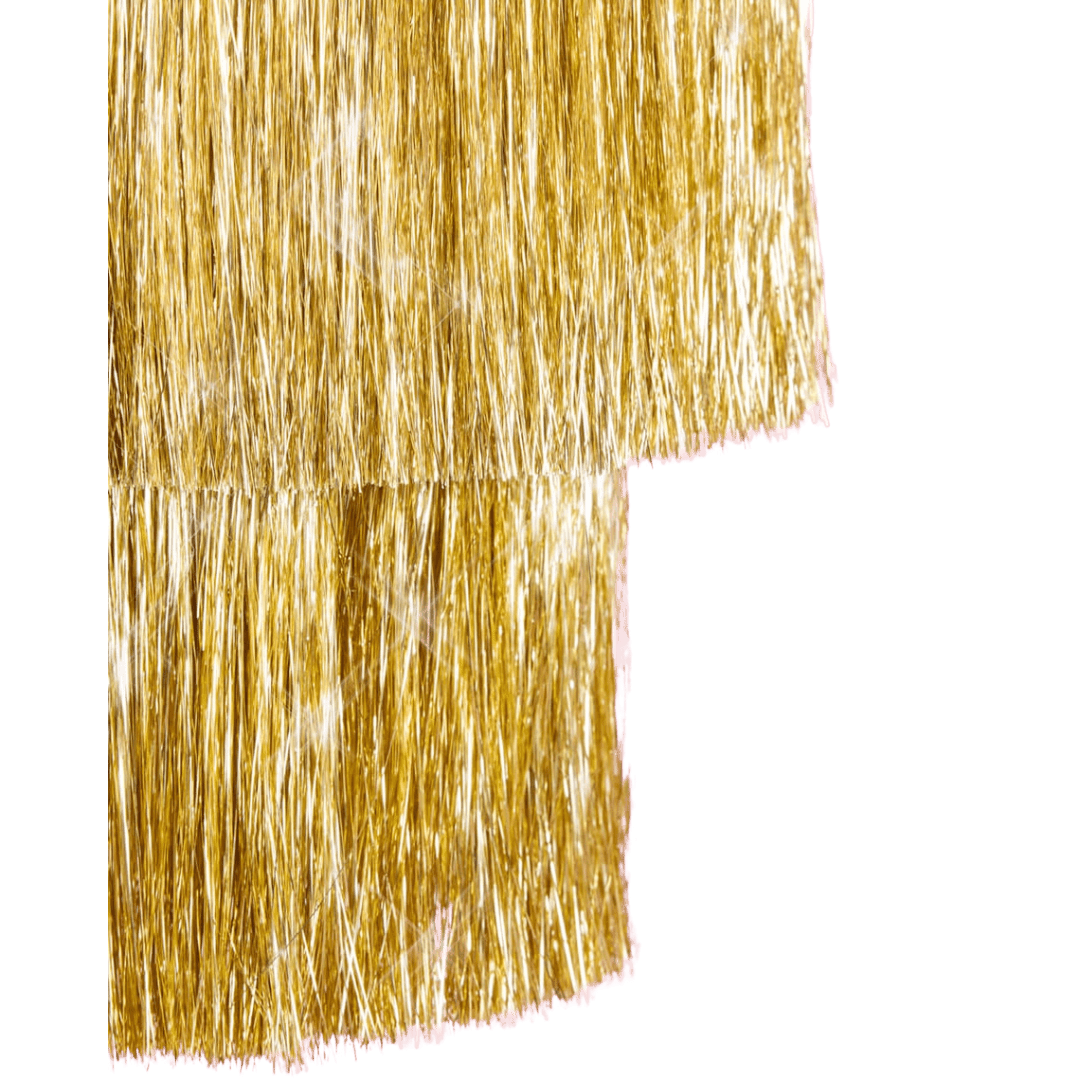Gold fringe garland with shiny tinsel for celebration decor from Parte Haus party supply store in Bethesda MD.