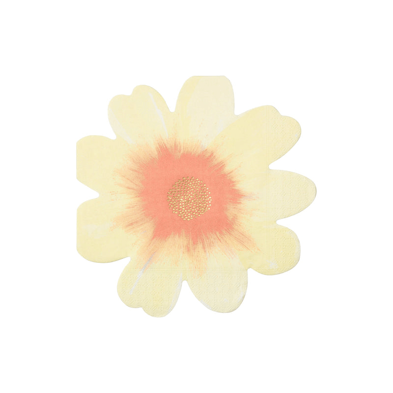 Yellow flower napkin with gold center floral shape for spring theme from Parte Haus party supply store in Bethesda MD