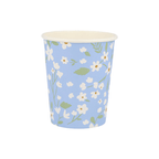 Blue floral paper cup with white flower pattern spring theme from Parte Haus party supply store in Bethesda MD
