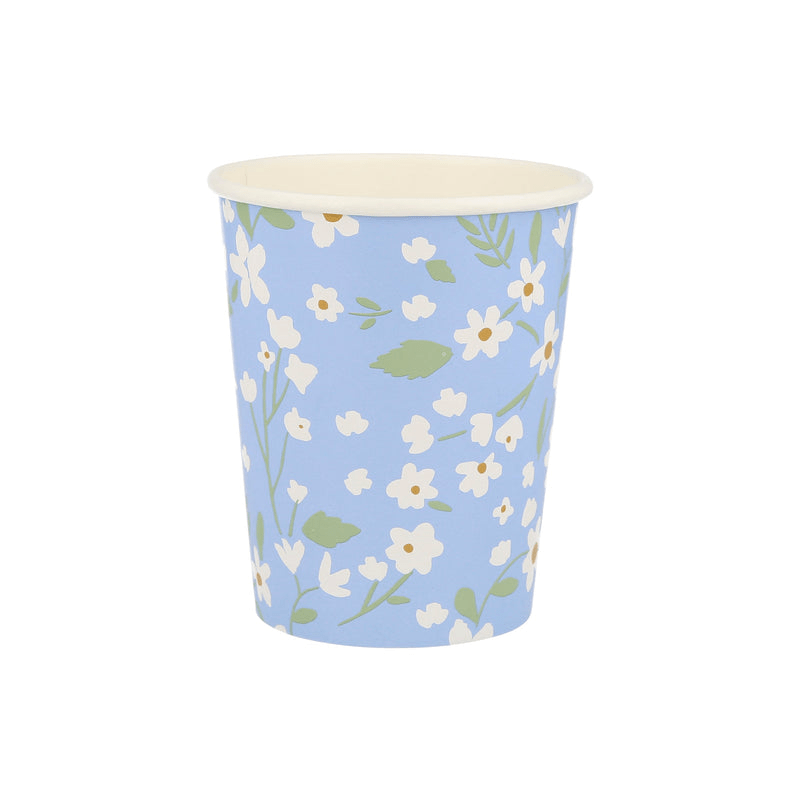 Blue floral paper cup with white flower pattern spring theme from Parte Haus party supply store in Bethesda MD