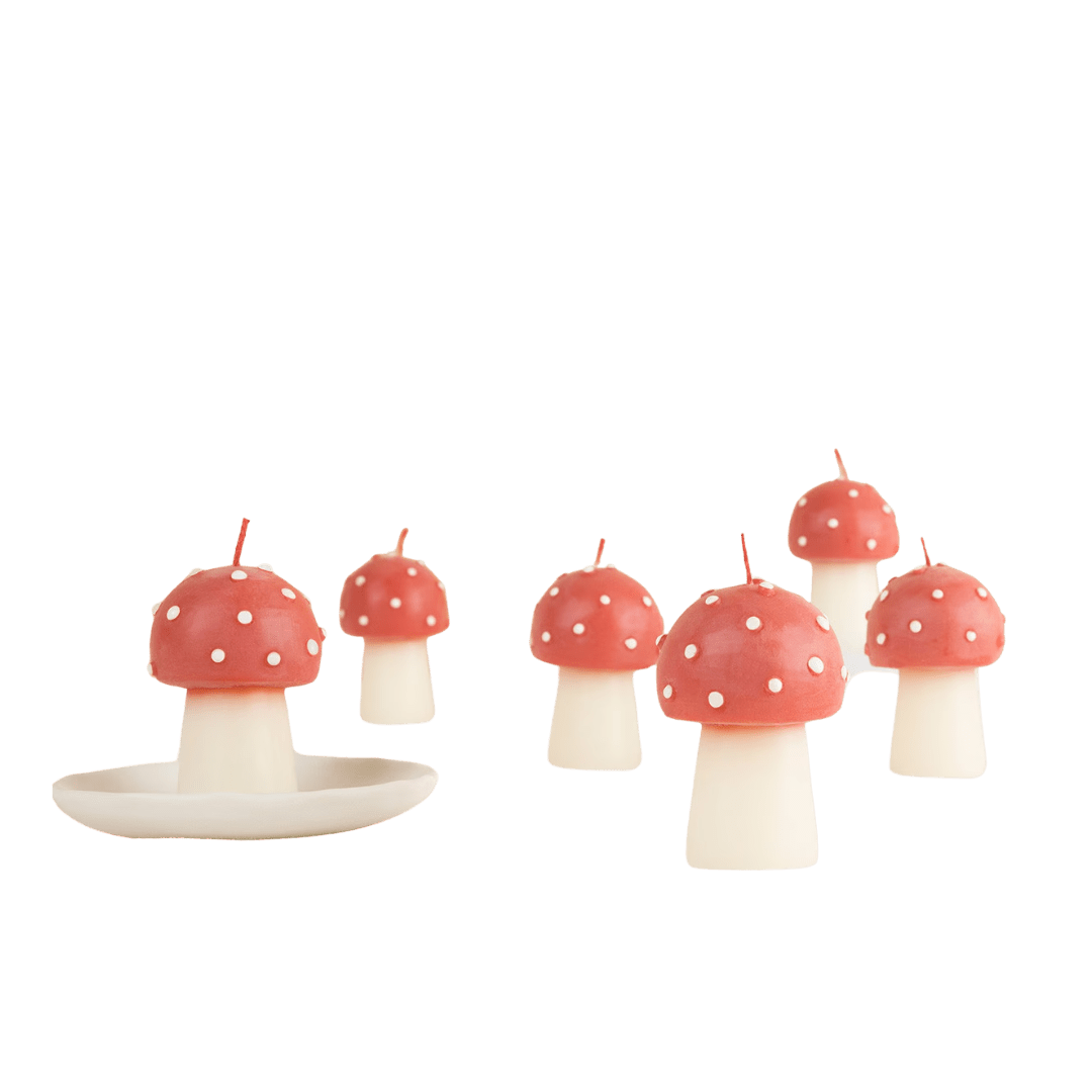 Red mushroom candle whimsical decor woodland theme from Parte Haus party supply store in Bethesda, MD.