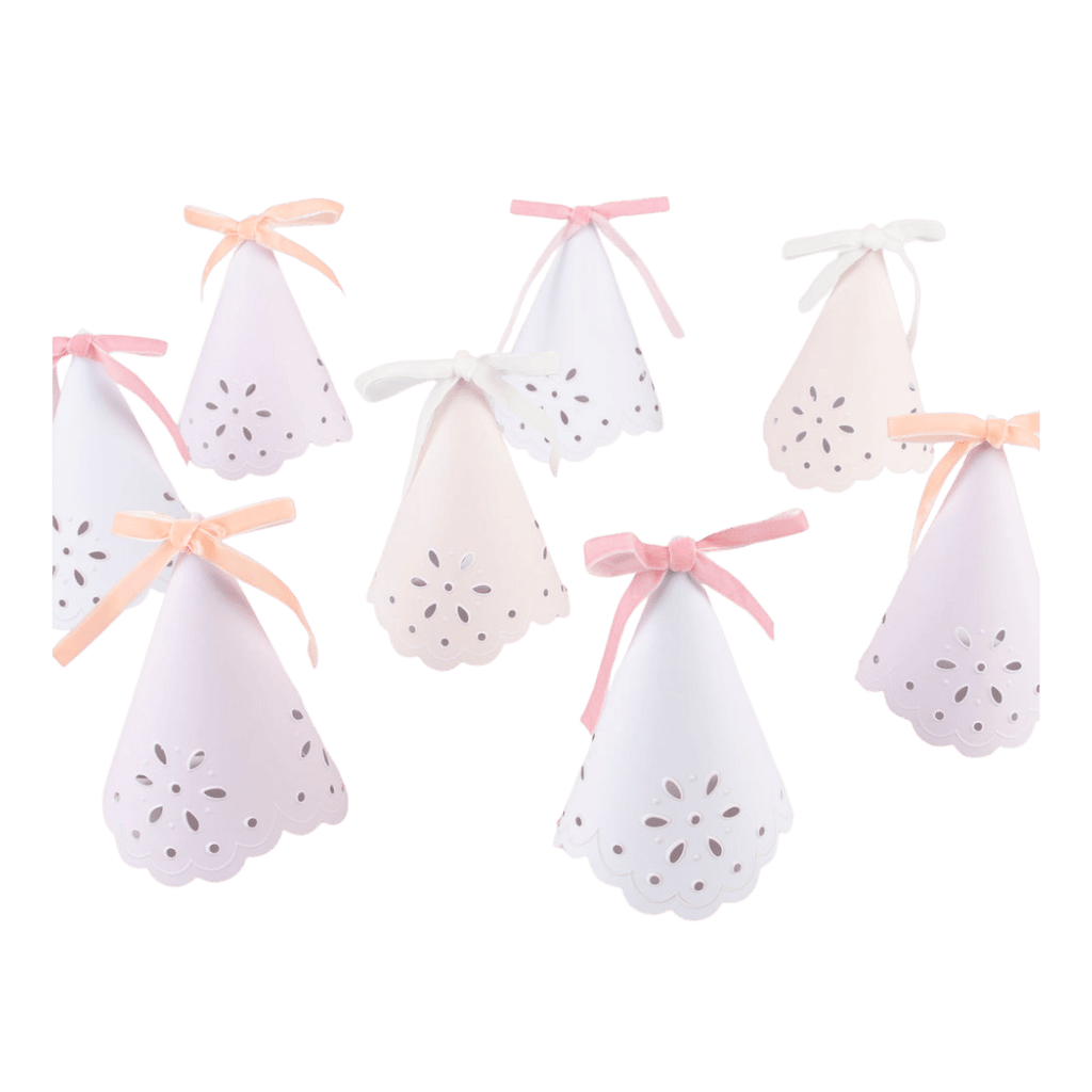 Pink and white cone favor boxes with bows for birthday from Parte Haus party supply store in Bethesda MD
