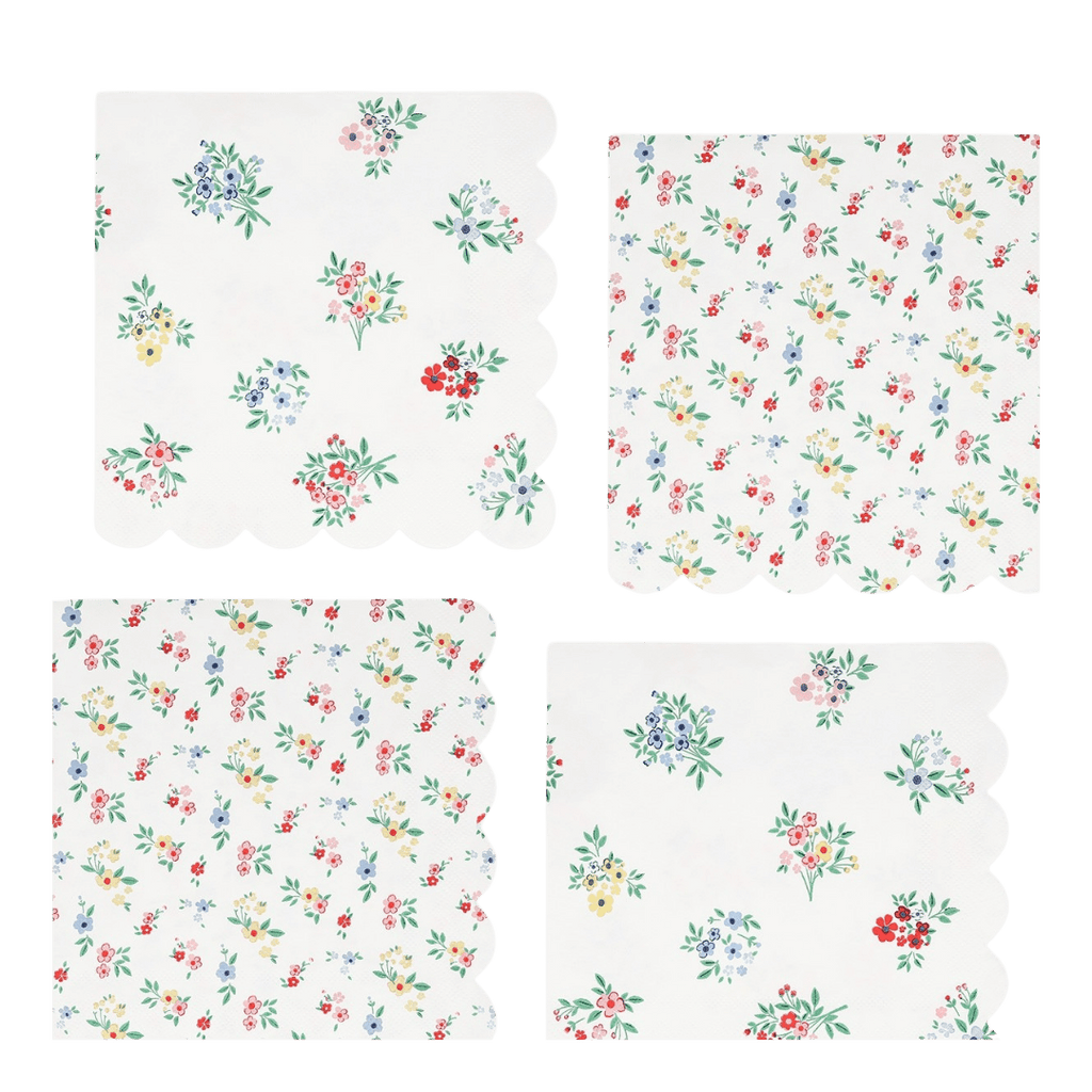 White floral napkins scalloped edge spring garden theme from Parte Haus party supply store in Bethesda Maryland