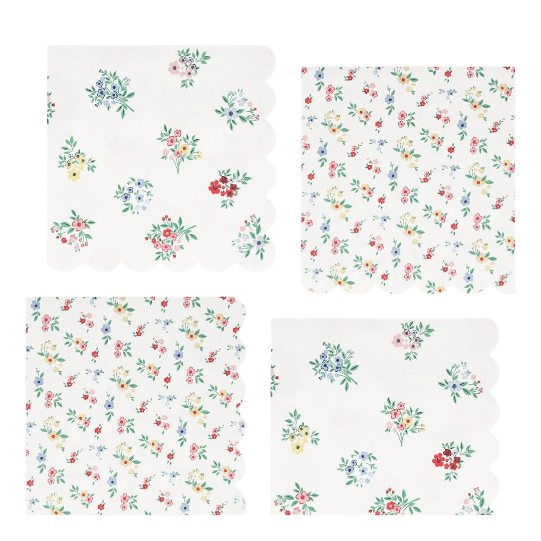 White floral napkins scalloped edge spring garden theme from Parte Haus party supply store in Bethesda Maryland