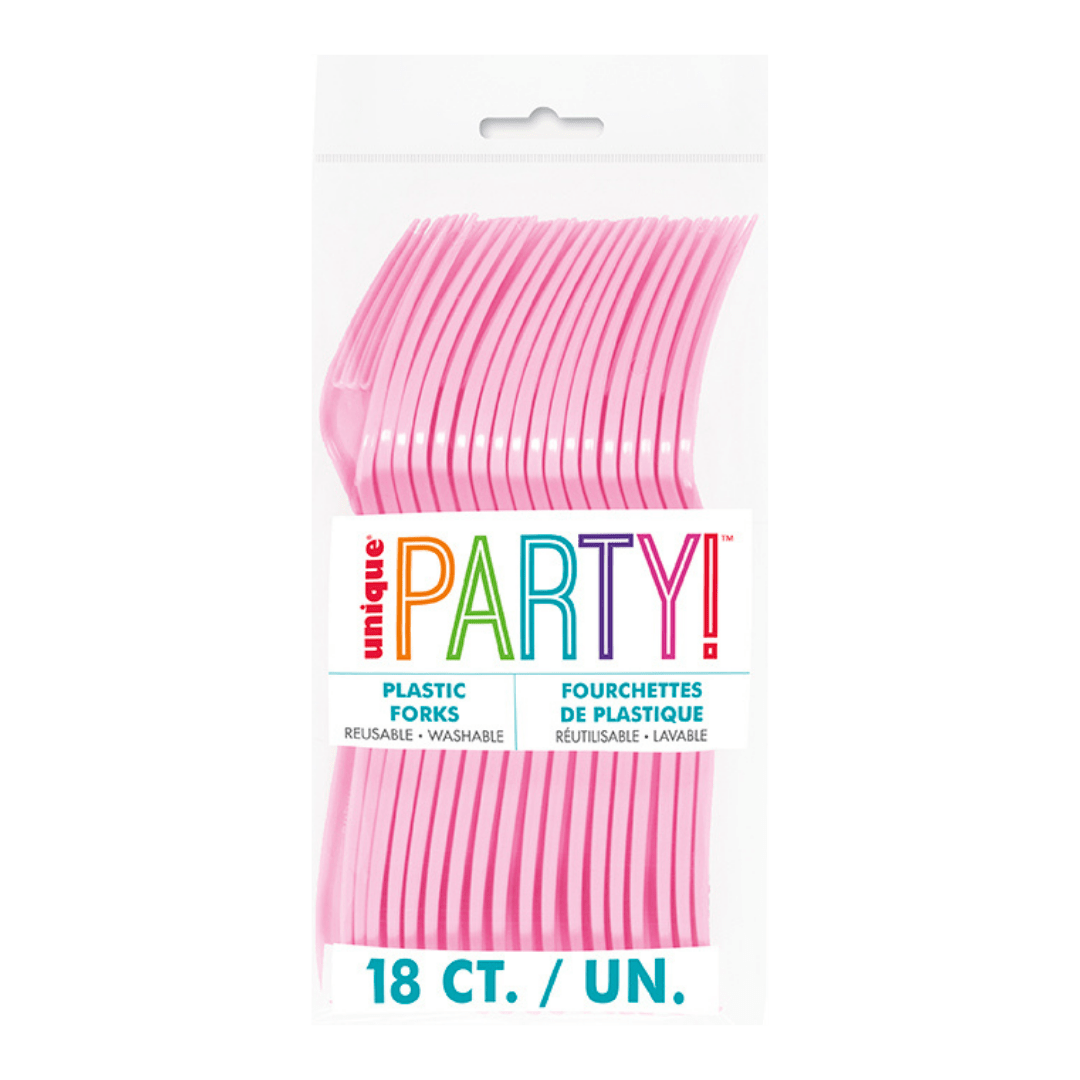 Pink plastic forks pack birthday theme from Parte Haus party supply store in Bethesda MD