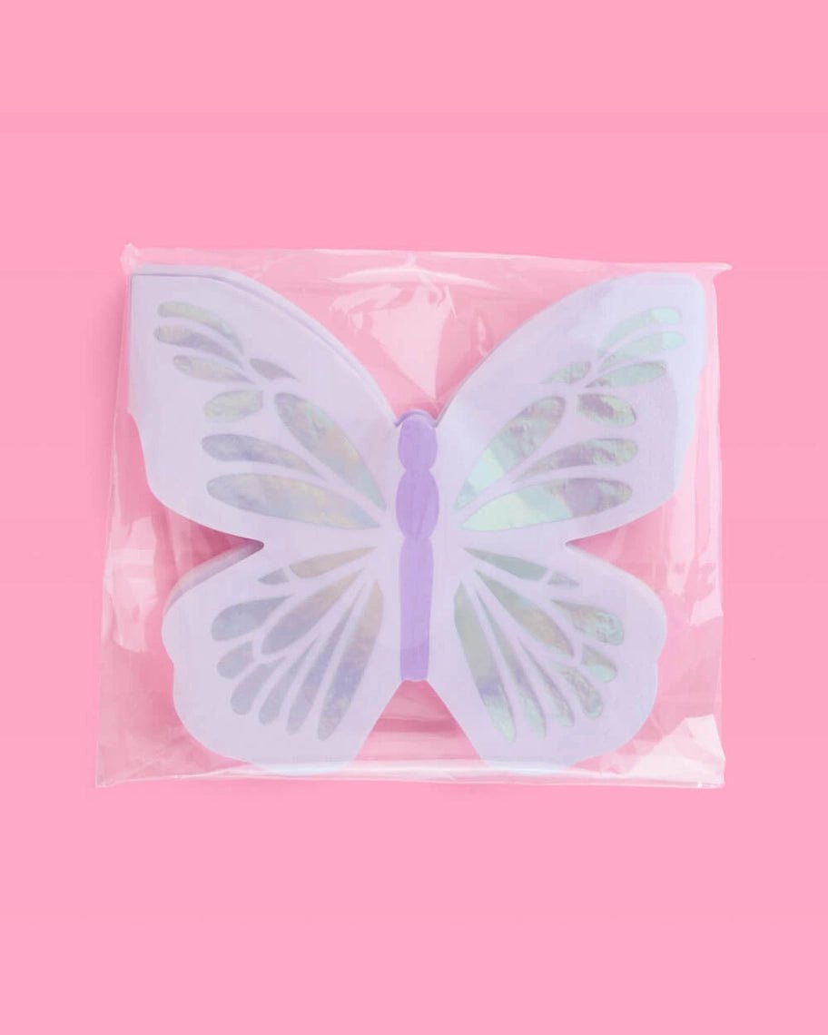 Purple butterfly shaped invitation with iridescent wings birthday from Parte Haus party supply store in Bethesda Maryland