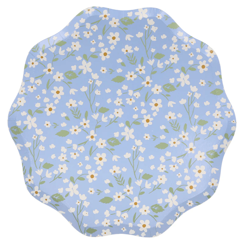 blue floral scalloped plate with white and yellow flowers spring theme from Parte Haus party supply store in Bethesda MD