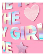 Rainbow iridescent letter banner with glitter heart and star for birthday from Parte Haus party supply store in Bethesda Maryland