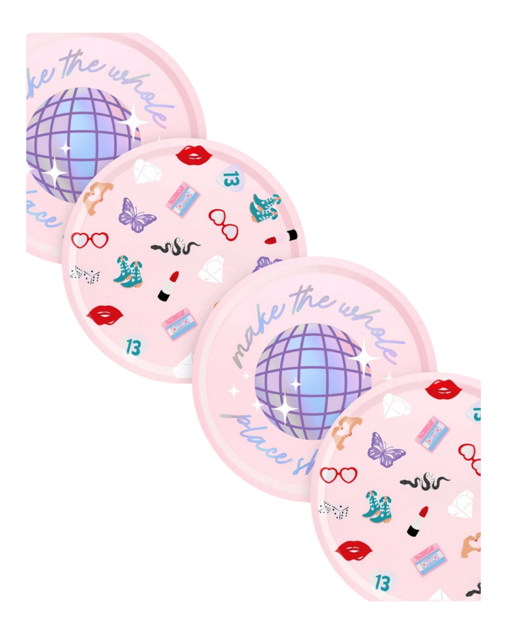 Pink disco themed paper plates with butterfly lips and glitter designs birthday from Parte Haus party supply store in Bethesda MD