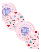 Pink disco themed paper plates with butterfly lips and glitter designs birthday from Parte Haus party supply store in Bethesda MD
