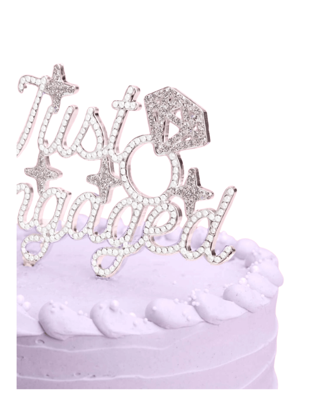 Silver Just Engaged cake topper on pastel lavender cake engagement celebration from Parte Haus party supply store in Bethesda MD