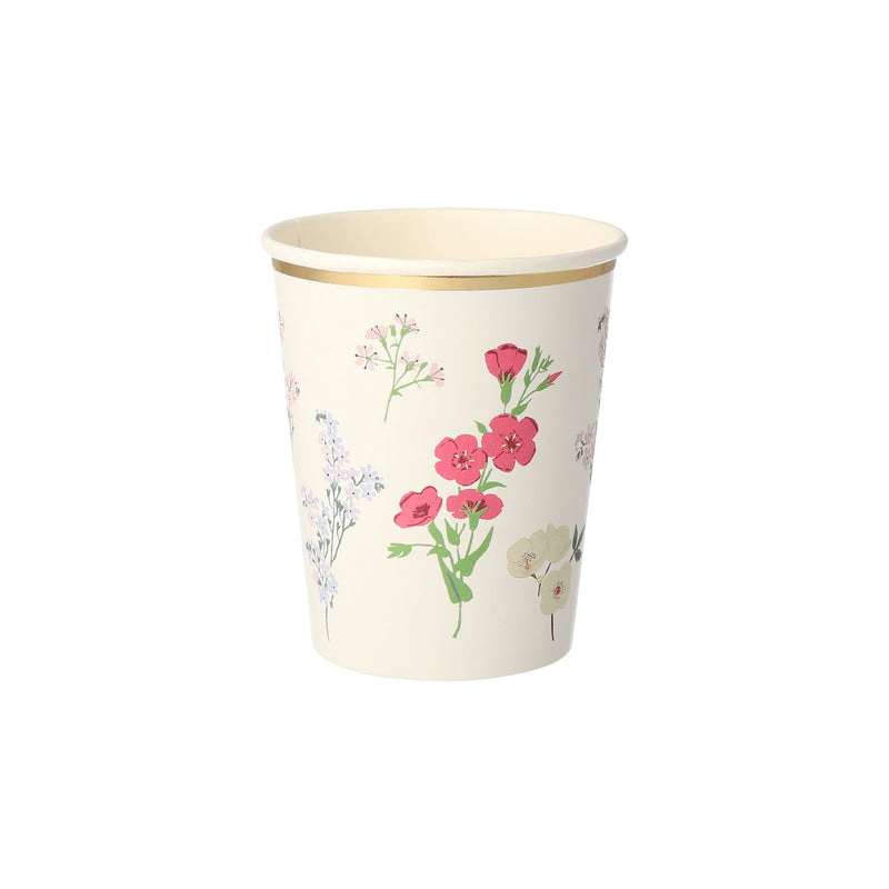 Cream floral paper cup with gold rim spring theme from Parte Haus party supply store in Bethesda Maryland