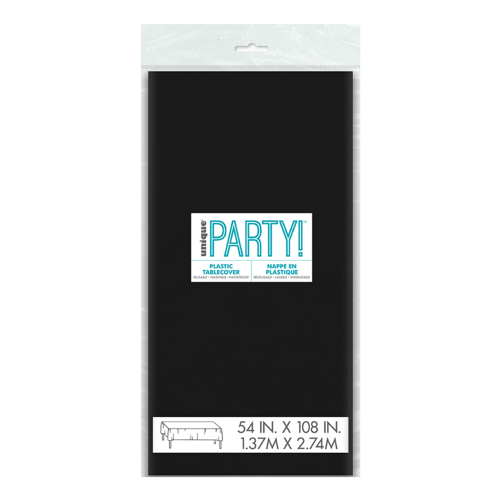 Black plastic tablecover in packaging for any celebration from Parte Haus party supply store in Bethesda MD