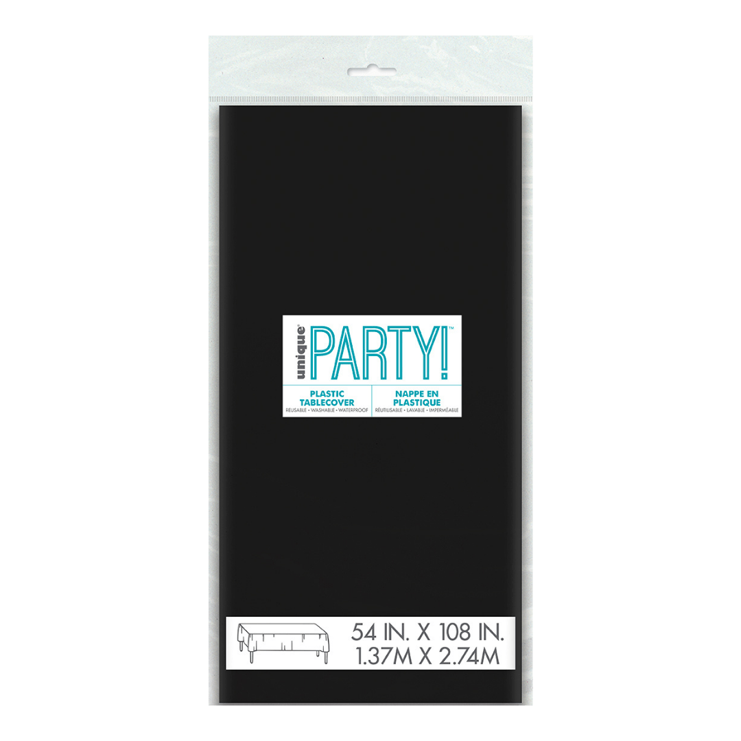 Black plastic tablecover in packaging for any celebration from Parte Haus party supply store in Bethesda MD