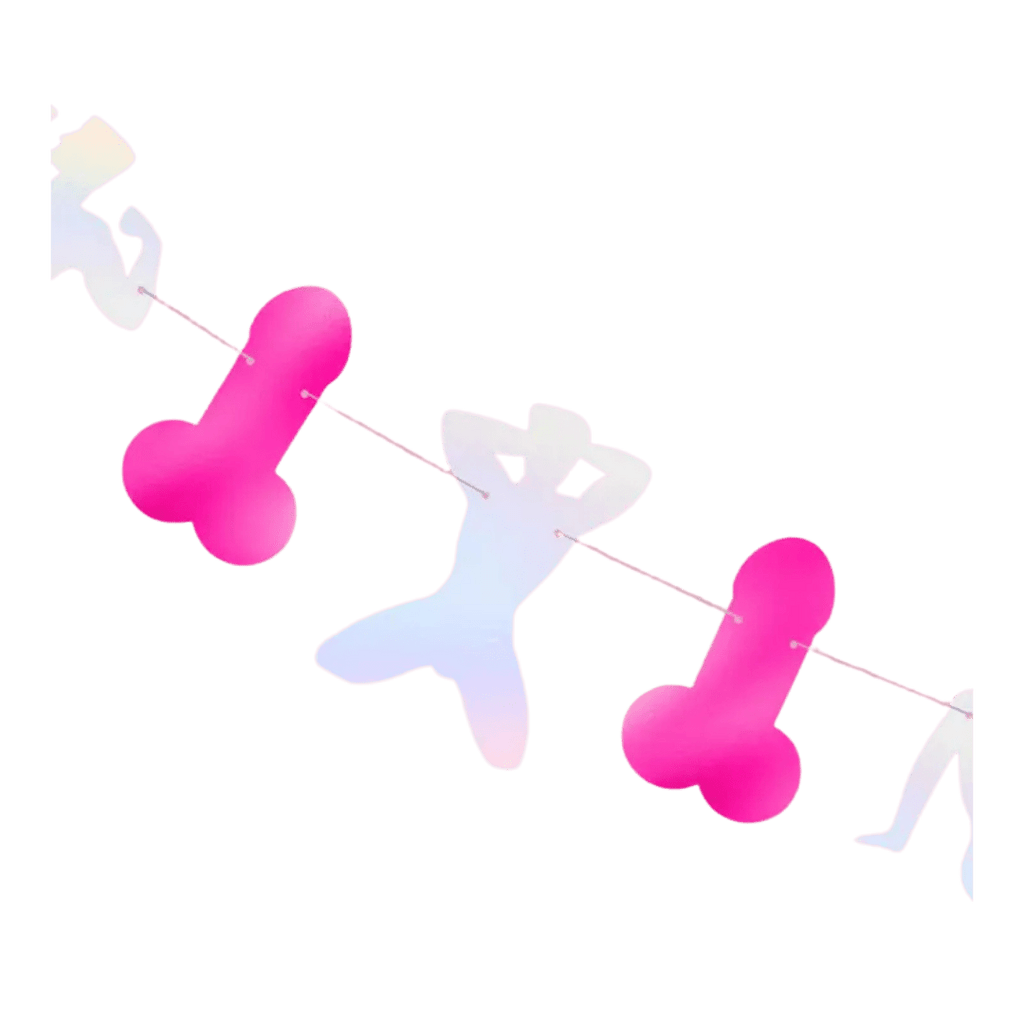 Pink and white bachelorette banner with playful shapes from Parte Haus party supply store in Bethesda Maryland