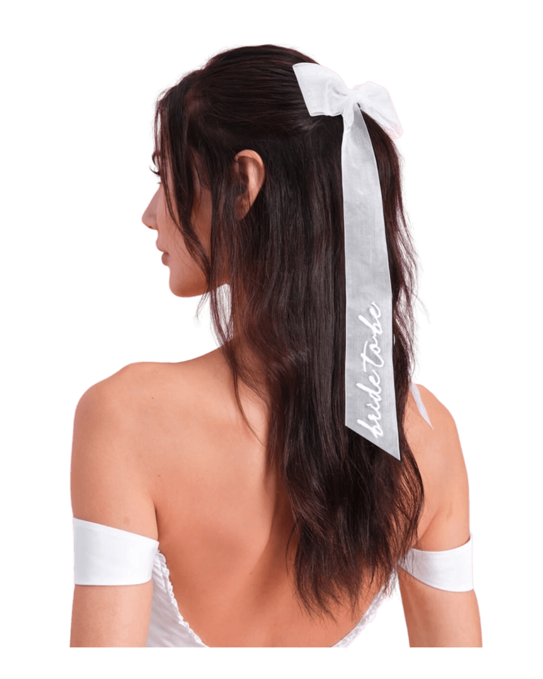 White hair bow accessory with bride to be text bridal shower theme from Parte Haus party supply store in Bethesda MD