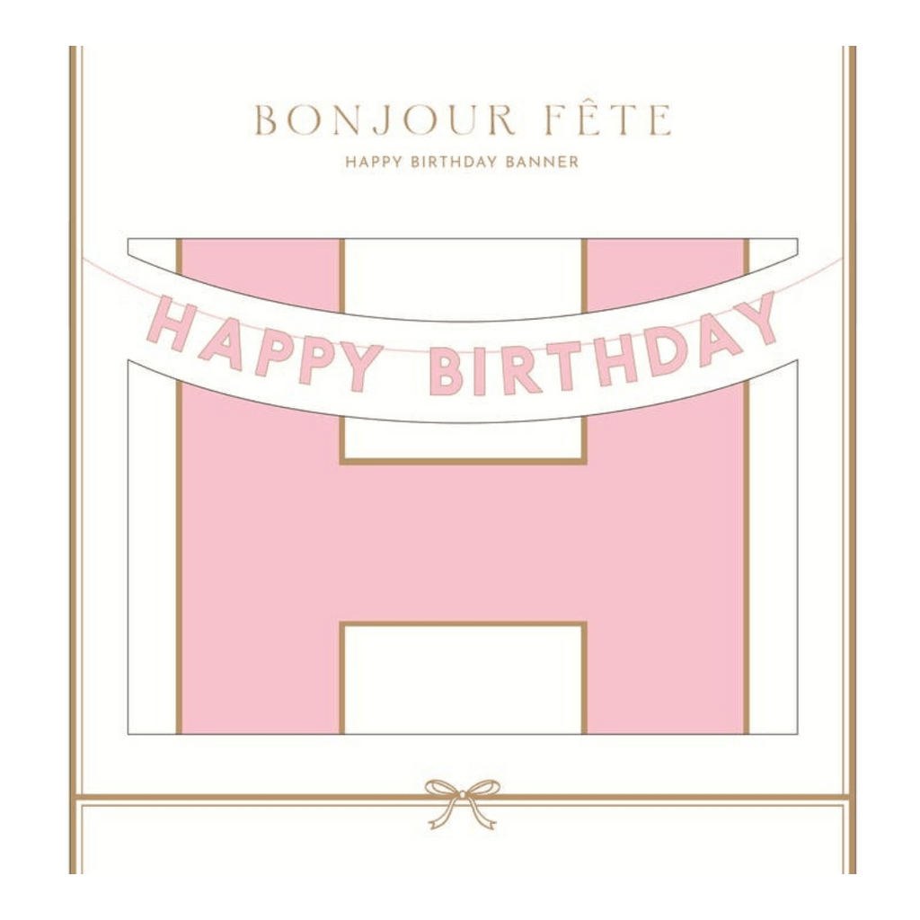 Pink happy birthday banner with gold trim birthday theme from Parte Haus party supply store in Bethesda Maryland.