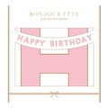 Pink happy birthday banner with gold trim birthday theme from Parte Haus party supply store in Bethesda Maryland.
