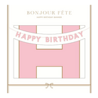 Pink happy birthday banner with gold trim birthday theme from Parte Haus party supply store in Bethesda Maryland.