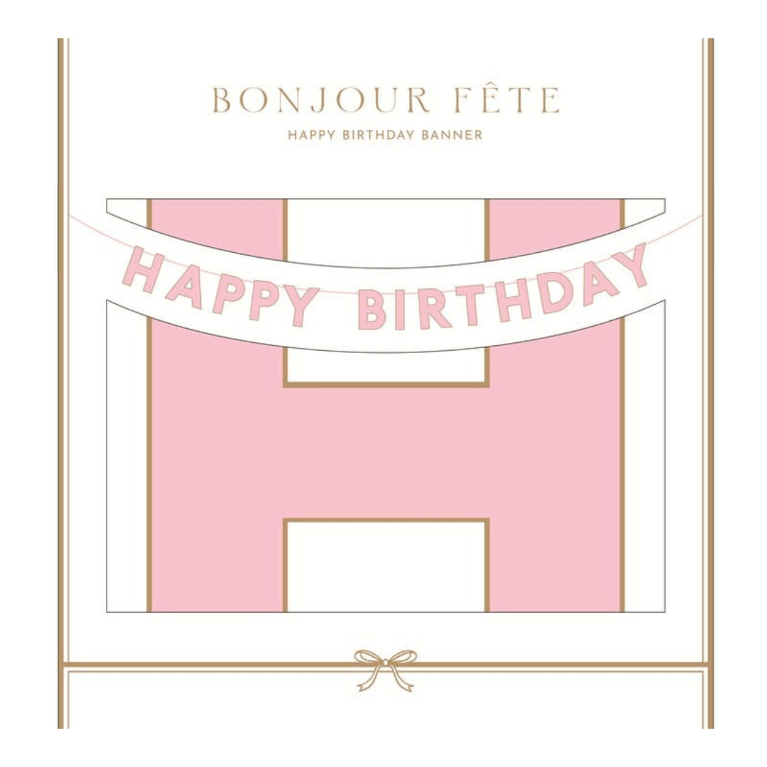 Pink happy birthday banner with gold trim birthday theme from Parte Haus party supply store in Bethesda Maryland.