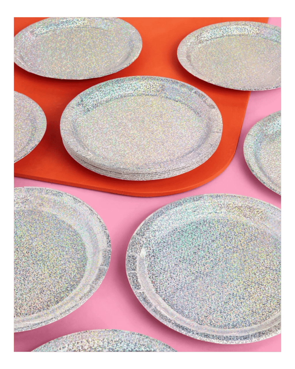 Silver glitter paper plates round shape for celebration from Parte Haus party supply store in Bethesda MD