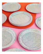 Silver glitter paper plates round shape for celebration from Parte Haus party supply store in Bethesda MD