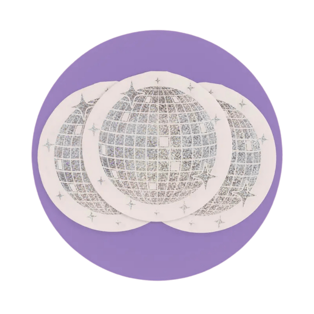 Silver holographic disco ball plates fun party theme from Parte Haus party supply store in Bethesda MD