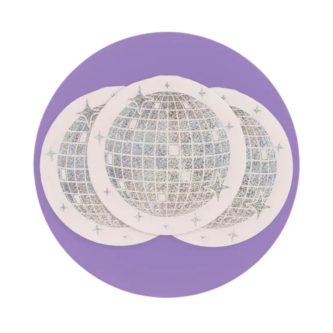 Silver holographic disco ball plates fun party theme from Parte Haus party supply store in Bethesda MD