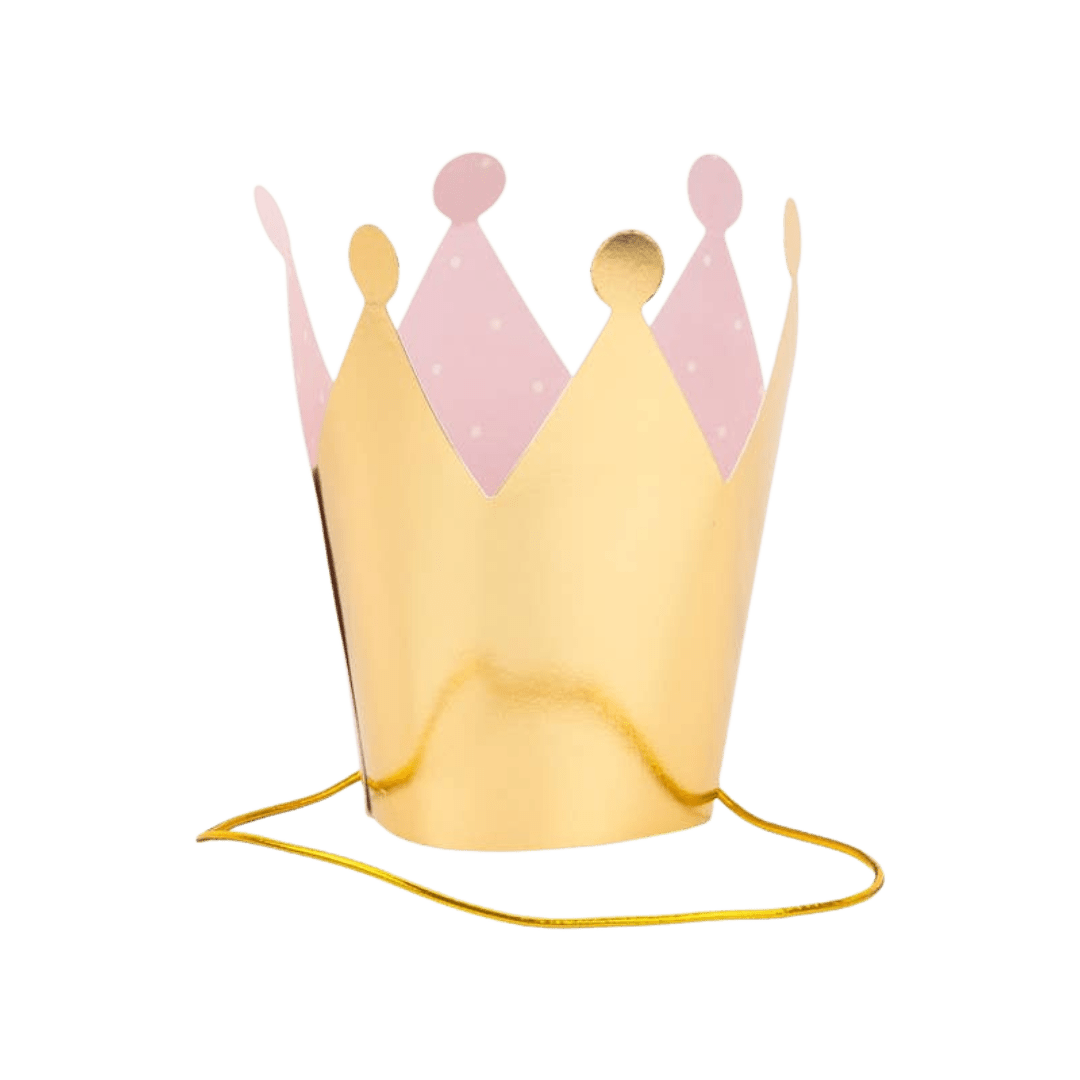 Gold pink crown hat for birthday celebration from Parte Haus party supply store in Bethesda Maryland